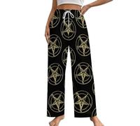 Gold Baphomet Inverted Pentacle Pewter Satanic Goat Women's Pajama Lounge Pants Sleep Bottoms with Pockets Pj Sleepwear L