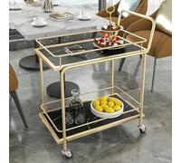 Gold Bar Cart on Wheels, 2/3 Tier Serving Trolley, Lockable Rolling Storage Cart for Kitchen & Living Room, Wooden & Metal Multi-Purpose Shelf, Elegant Drink Wagon