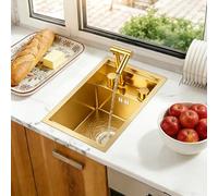 Gold Bar Sink, Undermount 30 x 45 cm Gold Bar Hidden Concealed Kitchen Sink with Folding Faucet, Small Prep 16 Gauge Stainless Steel Single Bowl, Small Rv Single Bowl with Overflow, Chopping Board