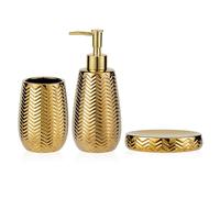 Gold Bathroom Accessories 3pcs Stylish Bathroom Accessories Set Gold Soap Dispenser Pump, Tumbler and Soap Dish Modern Decor Wavy Design Ceramic Bathroom Accessory Set