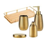 Gold Bathroom Accessories,Beautiful Wavy Bathroom Decor Set,5 Pcs Ceramic Gift Set, Soap Dispenser, Tumbler,Soap Dish,Diffuser Bottle and Bathroom Shelf,Complete Gold Bathroom Set