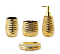 Gold Bathroom Accessory Set 4 Piece Ceramic Bath Accessories Sets Complete, Rain- Drop Shaped Bathroom Essential with Toothbrush Holder & Dish, Tumbler, Soap Dispenser Set for Bath Decor