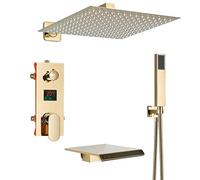 Gold Bathroom Faucet Black All Metal Faucets Set Rainfall Shower Head Digital Display Mixer Tap (Size (Onecolor 12 inch)
