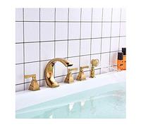 Gold Bathtub Faucet with Handheld Shower Tub Tap Brass 3 Handles 5 Holes Deck Mounted Bathroom Mixer Tap C Interesting
