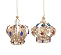 Gold Baubles, Gold Christmas Decorations, 2 Mini Crown Baubles with Coloured Jewels, Filigree Crown Bauble, Novelty Xmas Tree Ornament, Metal King Queen Christmas Decorations
