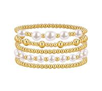 Gold Beaded Bracelets for Women, 14K Gold Plated Natural Pearl Bracelets Gold Stackable Stretch Bead Ball Bracelet Set Jewelry Gifts for Women Teen Girls
