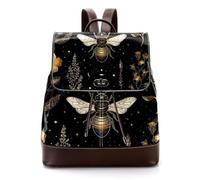 Gold Bee Plants Flowers Phases of the Moon Stars Pattern Women Backpack, Small Travel Flap Rucksack Handbag Causal Daypack for Ladies Girls