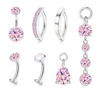 Gold Belly Button Bars Hypoallergenic - Surgical Steel Belly Bar Dangly Belly Button Piercing Silver Belly Ring With CZ Charm Pearl Opal Clicker Belly Bars Navel Piercing Jewelry Silver 10MM/Pink CZ