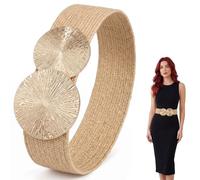 Gold Belts for Women, with Circle Buckle, Vintage Rattan Straw Woven Elasticated Wide Belt, Boho Ladies Womens Waist Belts for Holidays, Everyday Wear, Dresses, Maxi and Shirt Dressess Decorative