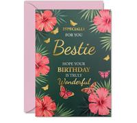 Gold Bestie Birthday Card - Butterflies & Flowers - Happy Birthday Card for Bestie from Best Friend Family, A5 Golden Butterflies & Flowers Bday Greeting Cards
