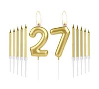Gold Birthday Candles for Cake, Gold Birthday Number 27 Candles for Girls Women 27th Birthday Cake Decorations, Gold Candle Cake Topper for Gold Birthday Theme Party Anniversary Celebration Supplies