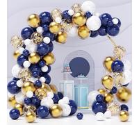 Gold Birthday Party Balloons Kit, 120pcs Blue White Confetti Latex Balloon Garland with 16ft Strip Tape & Dot Glue for Bridal Shower Anniversary Graduation Centerpiece Backdrop Decorations