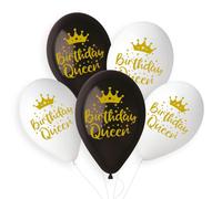 Gold Birthday Queen Black & White Latex Balloons 33cm / 13 in - Pack of 6