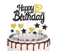 Gold Black 12th Birthday Cake Topper, Girls 12th Birthday Decorations, Gold Heart Stars Cake Toppers, Personalised Happy Birthday Cake Cupcake Toppers for Women Men Girls Boys Birthday Party