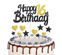 Gold Black 16th Birthday Cake Topper, Girls 16th Birthday Decorations, Gold Heart Stars Cake Toppers, Personalised Happy Birthday Cake Cupcake Toppers for Women Men Girls Boys Birthday Party