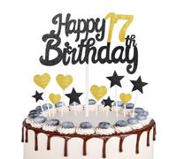 Gold Black 17th Birthday Cake Topper, Girls 17th Birthday Decorations, Gold Heart Stars Cake Toppers, Personalised Happy Birthday Cake Cupcake Toppers for Women Men Girls Boys Birthday Party