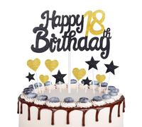 Gold Black 18th Birthday Cake Topper, Girls 18th Birthday Decorations, Gold Heart Stars Cake Toppers, Personalised Happy Birthday Cake Cupcake Toppers for Women Men Girls Boys Birthday Party
