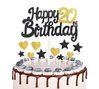 Gold Black 20th Birthday Cake Topper, Girls 20th Birthday Decorations, Gold Heart Stars Cake Toppers, Personalised Happy Birthday Cake Cupcake Toppers for Women Men Girls Boys Birthday Party