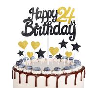Gold Black 24th Birthday Cake Topper, Girls 24th Birthday Decorations, Gold Heart Stars Cake Toppers, Personalised Happy Birthday Cake Cupcake Toppers for Women Men Girls Boys Birthday Party