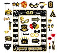 Gold & Black 31pc 60th Birthday Photo Booth Props - Inflatable Selfie Frames, Party Pack for Women & Men