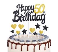 Gold Black 50th Birthday Cake Topper, Girls 50th Birthday Decorations, Gold Heart Stars Cake Toppers, Personalised Happy Birthday Cake Cupcake Toppers for Women Men Girls Boys Birthday Party
