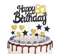 Gold Black 80th Birthday Cake Topper, Girls 80th Birthday Decorations, Gold Heart Stars Cake Toppers, Personalised Happy Birthday Cake Cupcake Toppers for Women Men Girls Boys Birthday Party