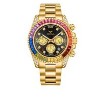 (gold,black) Fashion Rose Gold Business Men's Watch Rainbow Diamond Watch Ring Waterproof Solid Stainless Steel Strap Men Quartz Watch Chronograph