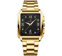 (gold,black) New Rectangular Men's Stainless Steel Strap Simple Fashion Sports Diamond Calendar Quartz Watch Gold Waterproof Wristwatch