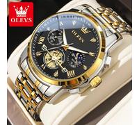 (gold black, No) Multifunctional Fltwheel Chronograph Quartz Watch Moon Phase 24 Hour Waterproof