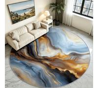 Gold & Black Stone Round Rug 160 cm, Marble Texture Washable Carpet | Modern Industrial Circle Floor Mat, Anti-Slip Low Pile Backing, Hard-Wearing Elegant Rug for Dining Table & Office