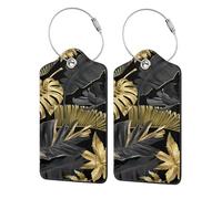 Gold Black Tropical Leaves,Luggage Tags Pu Leather Name Tag Travel Suitcase Identifier ID Tags Durable Luggage Label 2 pcs
