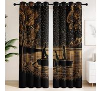 Gold Blackout Curtains Eyelet with Pointillism Night Sky Raft Family Dog Pattern, Darkening Drapes for Study Hallway, Deep Thoughtful Window Treatment with Grommets, 90 x 90 inch (W x L) 2 Panels