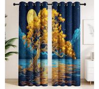 Gold Blackout Curtains for Meditation Room, Fantasy Water Ancient Tree Starry Night Dreamy Tranquil Thermal Insulated Room Darkening Curtain, Eyelet Drapes 2 Panels (W 52" x L 63")