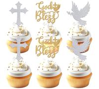Gold Bless Cupcake Toppers, First Holy Communion, Cross Dove Confirmation Decor, Religious Baptism First Birthday Christening Baby Shower Party Decorations Supplies, Gold and Silver Glitter, 21pc
