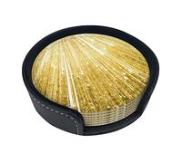 Gold Bling Coasters For Drinks, 6 Pcs Leather Coaster With Holder, Round Cup Mat Pad Set For Home And Kitchen 3.9 Inches