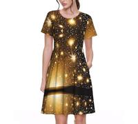Gold Bling Print Women's Short Sleeve Pleated Loose Swing Casual Dress with Pockets Knee Length