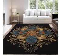 Gold Blue Fantasy Area Rug 80 x 150 cm - Non Slip Washable Elegant Exquisite Mandala Rugs for Bedroom, Printed Carpet Design Indoor Carpet for Kids, Soft & Resistant Floor Decor