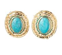 Gold Blue Turquoise Earrings Vintage Turquoise Oversized Sculptural Drop Bold Retro Oval Hammered Pleated Stud Earrings Boho Jewelry for Women