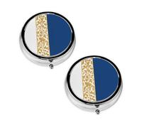 Gold Blue White Round Pill Box Compact 3 Compartment Metal Pill Organizer with Print Design, Portable Travel Medication Case for Daily