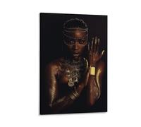 Gold Body Art Poster Elegant Black Woman Portrait Modern Wall Art Print Cultural Home Decor Unique Artistic Gift for Her Stylish Room Decoration African Inspired Artwork Gift 08x12inch(20x30cm) Framed