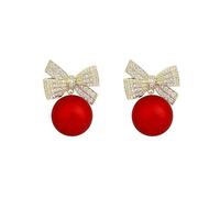 Gold Bow Earrings for Women Cubic Zirconia Christmas Bow Earrings Red White Ball Drop Dangle Earrings Trendy Bow Rhinestone Earrings Delicate Christmas Bow Jewelry, Zinc, No Gemstone