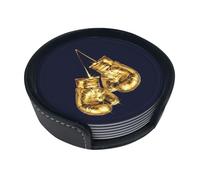 Gold Boxing Gloves,Set of 6 Round Coasters, Pu Leather Drinks Coasters with Holder for Home Office Kitchen