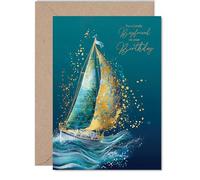 Gold Boyfriend Birthday Card - Ocean Waves Sailboat - Happy Birthday Card for Boyfriend from Girlfriend Partner, 5x7 Inch Golden Nautical Seaside Maritime Bday Greeting Cards