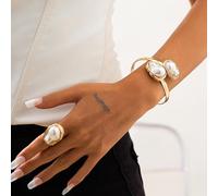 (gold, bracelet + ring 5487) Baroque Pearl Necklace Clavicle Chain Set - European & American Retro Niche Design