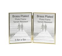 Gold Brass Plated Thin Edge DOUBLE PORTRAIT Photo Frames. - Velveteen Backing - Tarnish Resistant (3.5" x 5")