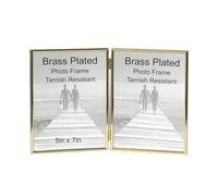 Gold Brass Plated Thin Edge DOUBLE PORTRAIT Photo Frames with hooks, can stand and hang - Velveteen Backing - Tarnish Resistant (5" x 7")