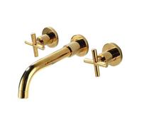 Gold Brass Wall Mounted 3 Hole Bathroom Faucet with Double Cross Handles 360° Rotation Hot & Cold Water Mixer Tap for Elegant Vanity Sink