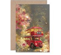 Gold Brother in Law Birthday Card - London Red Bus - Happy Birthday Card for Brother in Law from Sister Sibling, A5 Golden Luxury Classic Cityscape Bday Greeting Cards