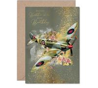 Gold Brother in Law Birthday Card - Spitfire Airplane - Happy Birthday Card for Brother in Law from Sister Sibling, A5 Golden Vintage Aviation Military Plane Bday Greeting Cards
