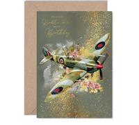 Gold Brother in Law Birthday Card - Spitfire Airplane - Happy Birthday Card for Brother in Law from Sister Sibling, 5x7 Inch Golden Vintage Aviation Military Plane Bday Greeting Cards